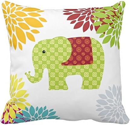 Decorative Square Pillow Case Pretty Colorful Hippie Elephant Flower Power Pillow Cover 18X18 Inches