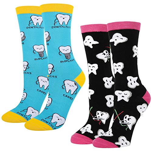 image for HAPPYPOP Women's Novelty Crazy Teeth Tool Crew Socks, Funny Dental Too