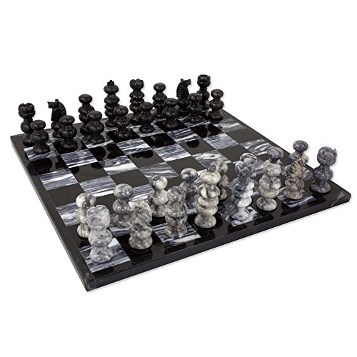 NOVICA Handcrafted Marble Chess Set, Grey and Black, 'Check in Gray'