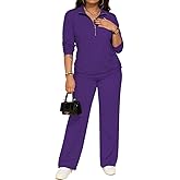 PINSV Women's 2 Piece Outfits Sweatsuit Lapel Half Zip Sweatshirts Wide Leg Pants Set Tracksuit