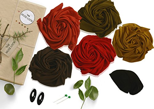 The Muse Look Womens Chiffon Muslim Hijab Long Scarf | Pack of 5 Solid Color Scarves + Black Underscarf Cap + 2 Pins + 2 Clips | All Inside a Gift Box
