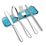 VICBAY 4 Pieces Stainless Steel Flatware Set, Knife Fork Spoon Chopsticks Set, Travel Camping Cutlery Set with Neoprene Case, Reusable Lunch Box Utensils, Portable Travel Silverware Set