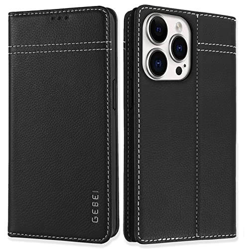Gebei Hülle Echt Leder für iPhone 14 Pro Max (6,7") - Premium Echte Lederhülle mit Standfunktion Kartenfach Magnetverschluss Flip Case Ledertasche Handyhülle Sc