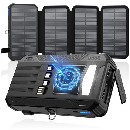 Soaraise Solar-Powerbank-27000Mah-Solarladegerät- Mit 4 Solarpanel - Tragbares Ladegerät Mit 4 Integrierten Kabeln Und Camping Taschenlampe, 15W Usb-C Schnellladung Externer Akku Für Smartphones