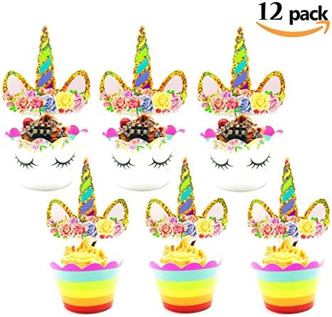 Flash Gold Unicorn Cupcake Toppers and Wrappers Double Sided Kids Party Cupcake Decorations Set of 12