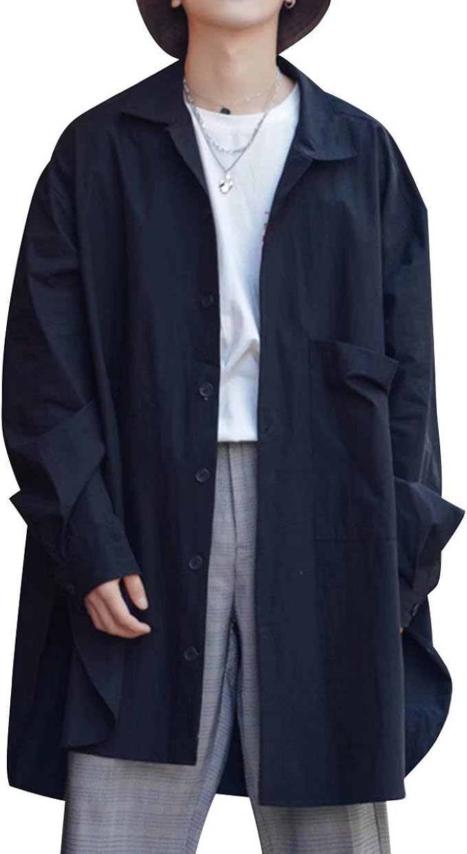 Amazon Ftimild ロングシャツ メンズ ロングコート長袖 ブロードシャツ 膝下丈 無地 ポケット付き ゆったり 秋 スプリングコート 防風 ビッグシルエット ステンカラー ブラック カーキ 大きいサイズ シャツ 通販