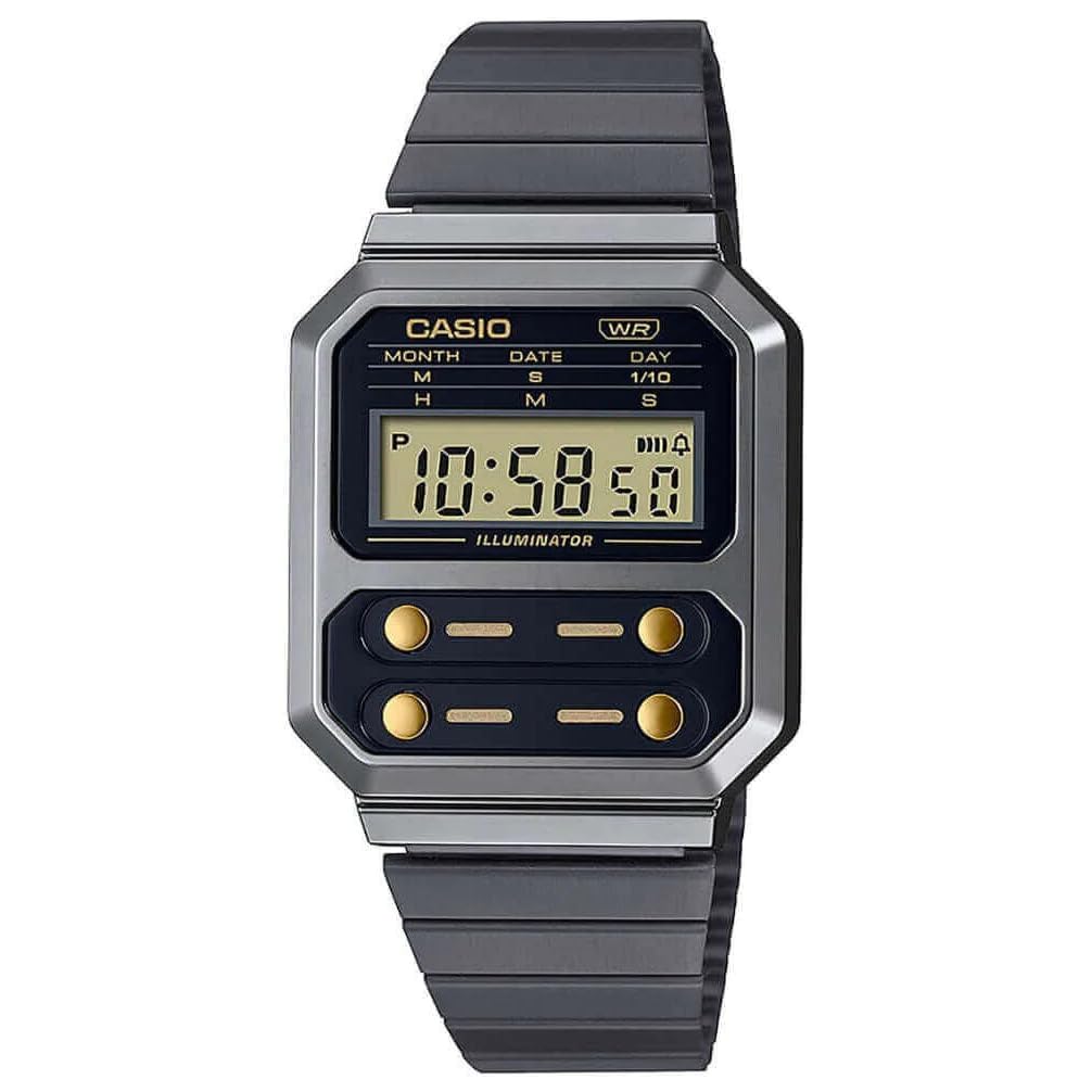 Casio Unisex 33.00mm Quartz Watch with Black Digital dial and Black and Silver Metal Bracelet Strap A100WEGG-1A2EF