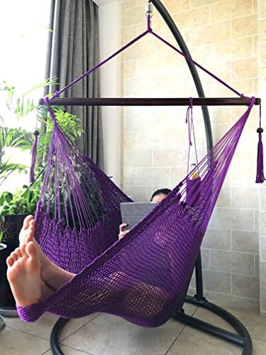 AOW Hammock Chair - 100% Handmade Polyester Woven Hanging Hammock Swing Seat - include wooden bar, side tassel, and drink holder (Violet)