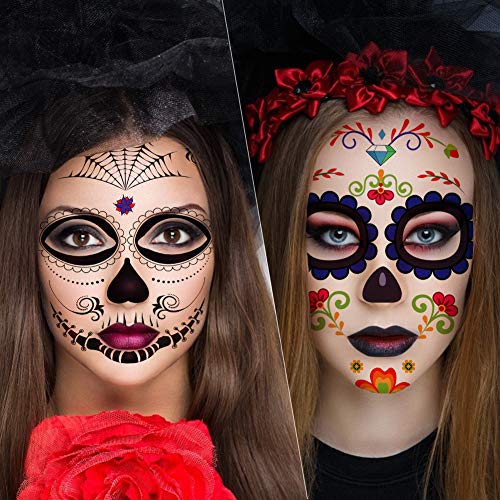 3 otters Halloween Temporary Face Tattoos, 19PCS Sugar Skull Face Tattoos Day of the Dead Temporary Face Tattoos Skeleton Face Stickers for Party Favor Supplies