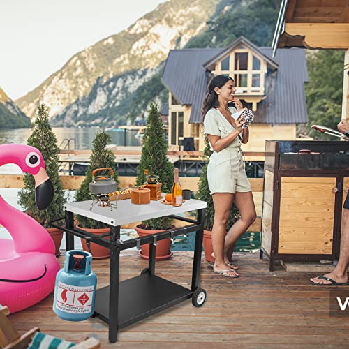 Audessy DoubleShelf Movable Outdoor Grill Cart Table with 2 Wheels, 4