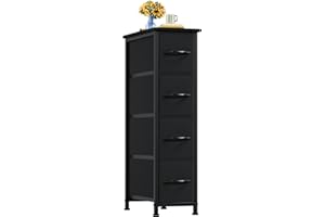 Somdot Narrow Dresser with 4 Drawers, Slim Storage Organizer Chest of Drawers with Removable Fabric Drawers for Small Spaces Bathroom Closet Bedroom Laundry, Black