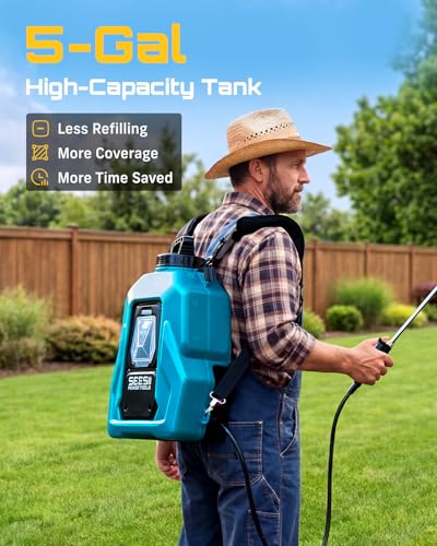 SEESII Backpack Sprayer Battery Powered, Leak-Proof 5-Gallon, Dual Battery Electric Sprayer with Telescopic Brass Wand & 7 Nozzles, 100 PSI Adjustable Pressure for Weed Lawn Garden Pest Control