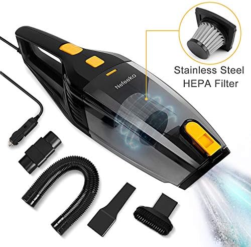 Nefeeko Car Vacuum Cleaner High Power, 5500Pa Strong Suction Low Noise Portable Corded Vacuum, DC 12V 120W Handheld Wet & Dry Vacuum for Car with Stainless Steel HEPA Filter 14.8ft Cord
