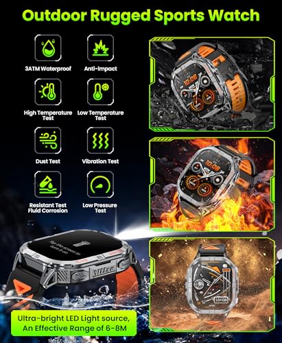 Military Smart Watch for Men, Rugged GPS Watch with LED Flashlight Compass, 2.13" AMOLED Smart Watches(Answer/Dial Calls), 3ATM Waterproof Fitness Tracker with Heart Rate/Sleep for iPhone (Black)
