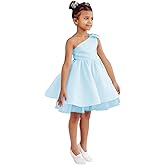 JOJECO Toddler Wedding Guest Party Dress Short One-Shoulder Flower Girl Tutu Dresses for Formal Graduation Party Light Blue Satin Tulle Princess Pageant First Communion Dress for Girls Bow-Knot 06