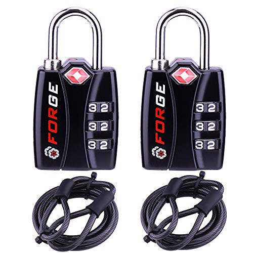 TSA Luggage Lock Black 2 Pack + 2 Cables, Open Alert Indicator