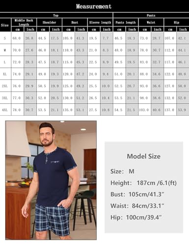 Litherday Pyjamas Men Summer Cotton Short Set 2 Pieces T-Shirt Short Sleeve Plaid Pants Sleepwear Soft and Breathable for Home S-3XL