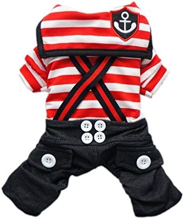 Gollyking Dog Jumpsuit Overalls Costume Handsome Nautical Stripes Sailor Cotton Shirt Style For Small Girl Puppy Cats Pets (Sailor Red, XL for back length14",weight 9.9-14.3 lbs)