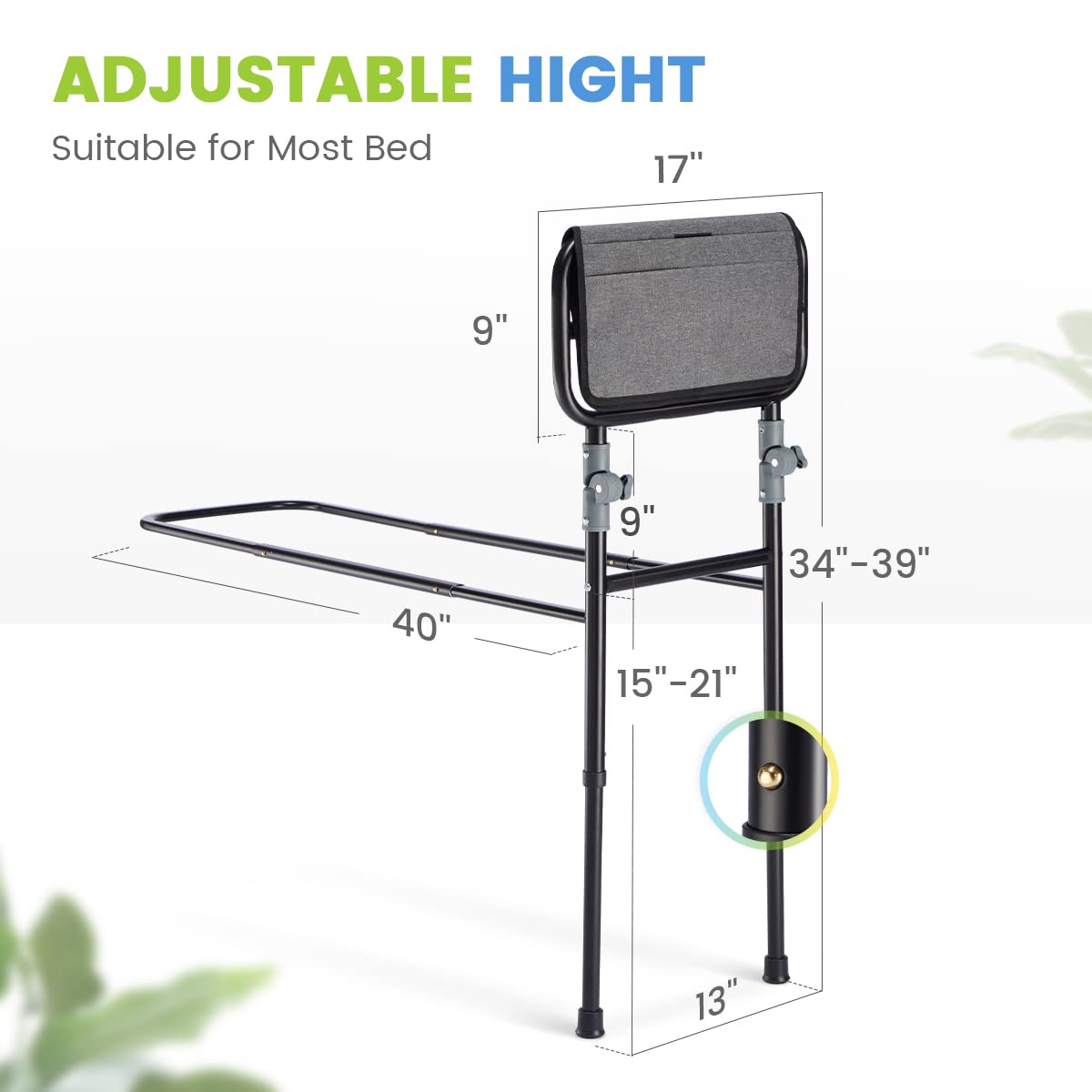 OasisSpace Foldable Bed Rail for Elderly Adults- Height Adjustable Bed Support Bar with Storage Pocket, Medical Bed Safety & Assisting Rails for Getting in & Out of Bed with Floor Support