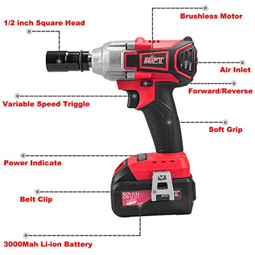 MPT Impact Torque Wrench Cordless, 21V 1/2inch Brushless Impact Driver