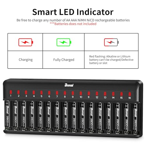BONAI 16 Slots Battery Charger, Battery Charger for AA and AAA Ni-MH Rechargeable Batteries with Smart and Independent Charging, LED Indicator, Batteries Not Included - Black