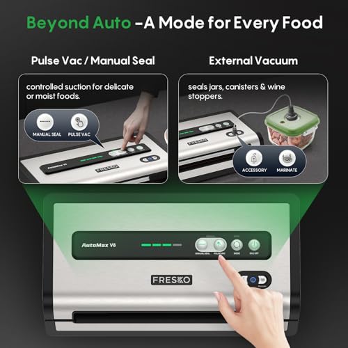 FRESKO Automatic Vacuum Sealer for Food, Hands-Free Operation Food Sealer, Continuous Seal 50 Bags in 20 Mins, Built-in Cutter & Roll Storage, Powerful Suction for Meal Prep & Bulk Food Storage