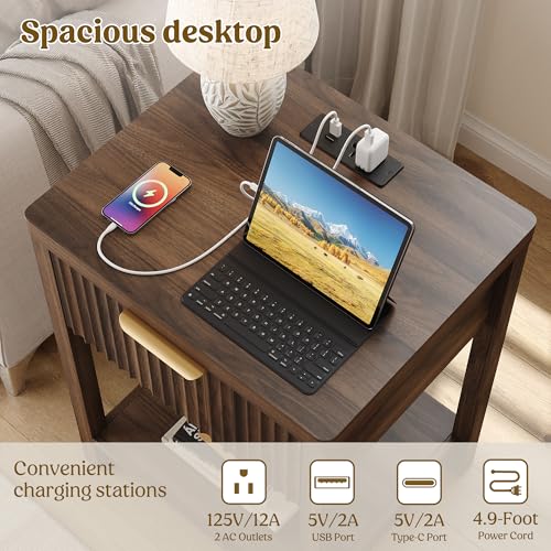 Lulive Night Stand Set 2, Fluted Nightstand with Charging Station, Wood Modern Bedside End Table with Storage Drawer for Bedroom, Save Space (Set of 2, Walnut)