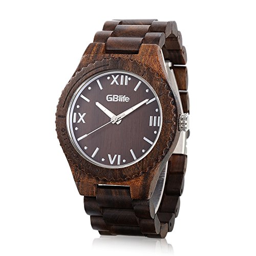 GBlife Mens Wooden Watch with Calendar Wood Surface Dial Natural Handmade Quartz Wrist Watch #GM86 (GM65 Ebony Wood)