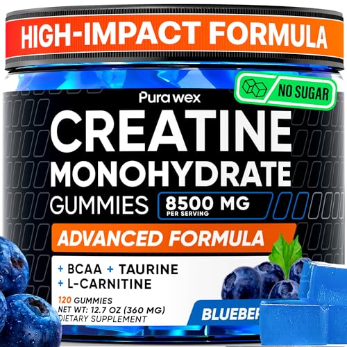 PURA WEX NUTRITION Creatine Monohydrate Gummies 8500mg Complex for Men & Women - Pre Workout Creatine Chews for Muscle Growth, Strength & Energy, Sugar Free, Vegan, Blueberry Flavor - 120 Count