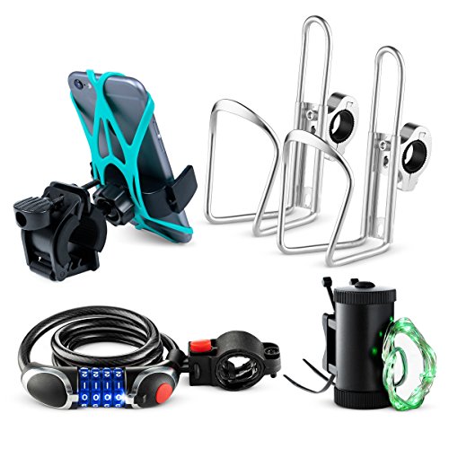 Bikes On Hikes 5 Piece Bike Accessory Kit Green – Includes Handle Bar Cup Holder (2), Led Wheel Light (1), LED Combination Lock (1), Phone Mount (1) – Perfect All in One Set for Bike/MTB Riding