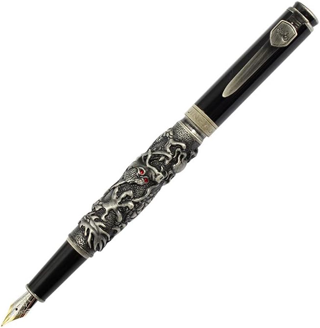 Ranvi JinHao Antique Silver Dragon Style 3D Carved Fountain Pen With Sword, Medium Nib, ancient silver