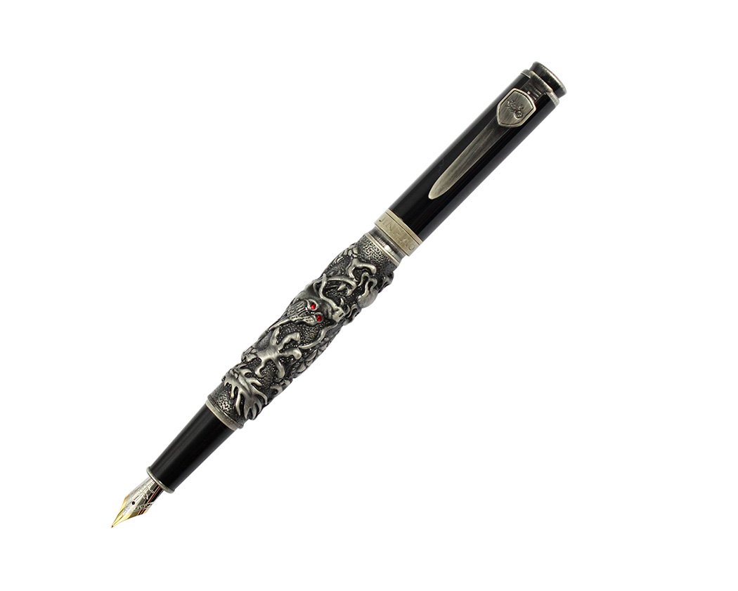 Ranvi JinHao Antique Silver Dragon Style 3D Carved Fountain Pen With Sword, Medium Nib