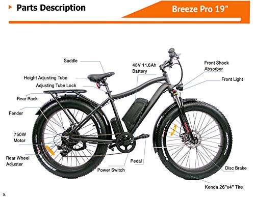 Breeze Mens Electric Bike for Hunting. 750 w Motor, Fat Tire EBike. Ride in All Weather. Up to 50 Mile on Single Charge. Rear Rack for Hauling Gear. 7 Speed, Front Headlight. Pedal Assist & Throttle - Thumbnail 3
