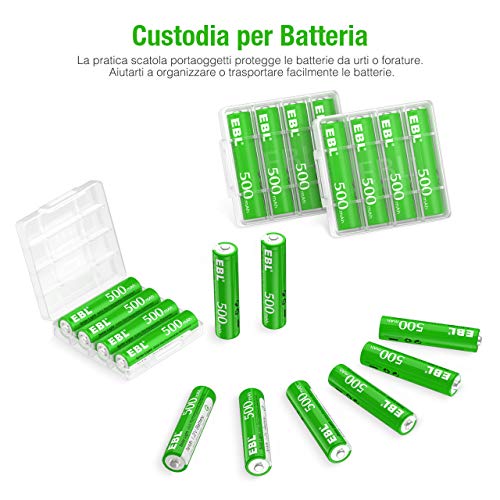 EBL AAA Batterie Ricaricabili, 1.2V 500mAh Ni-MH AAA Pile Ricaricabili per Luci Giardino Solari, Confezione da 20 pezzi