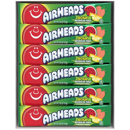 AIRHEADS SOUR FULL-SIZE CANDY BARS, TAFFY CANDY, SOUR WATERMELON PUNCH, INDIVIDUALLY WRAPPED CANDY, 36 COUNT