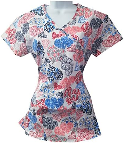 Valentine's Hearts Love Scrub Tops Size XS-2XL New Nursing Medical Holiday Print (M, Blue with tie Back)