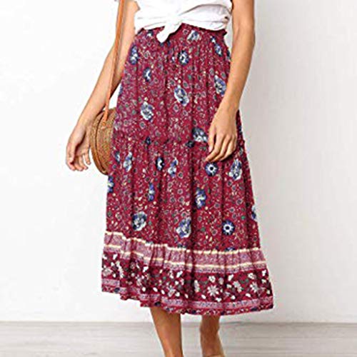 VICCKI Women's Bohemian Floral Printed Elastic Waist A Line Long Maxi Skirt Red