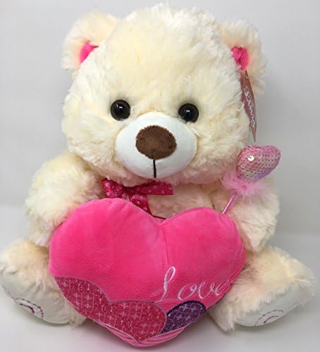 Ultimate Large Love Gift Bundle- 2 Items: 15" Light Ivory Plush Teddy Bear Holding A Beautiful 8" Pink Heart, Inscribed LOVE, &amp; 3 Gorgeous Heart Patterns | 1 Feathery Sequin Heart Top Pen