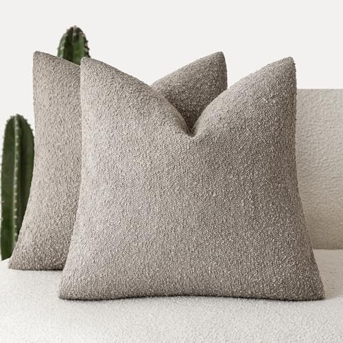 Foindtower Pack of 2 Textured Boucle Throw Pillow Covers Accent Solid Pillow Cases Cozy Soft Decorative Couch Cushion Case for Chair Sofa Bedroom Living Room Home Decor 18x18 Inch Light Taupe
