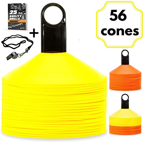 Bltzpro Disc Cones (Set of 56) - Agility Soccer Cones with Carry Bag and Holder for Training, Football, Kids, Sports, Field Cone Markers - Includes Top 25 Drills eBook (Yellow)