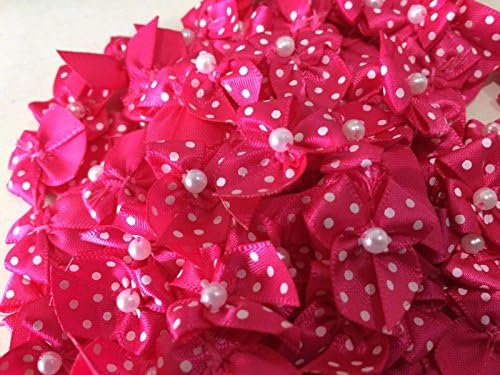 Cerise Satin Ribbon Polka Dot Pearl Bows - 20 per packet