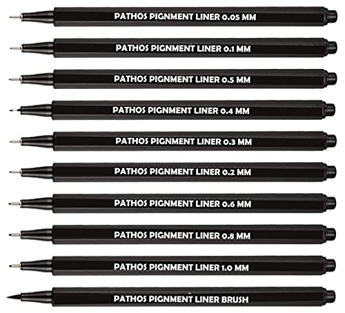 Pathos India 10 Pcs Micron Pigment liner Pens Black Set for mandala art,Artist Illustration, Office Documents, Scrapbooking, Technical Drawing, Manga Basic Set
