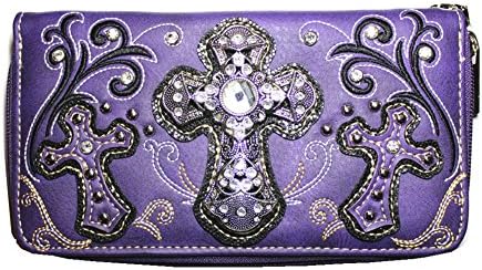 Flora Rhinestone Metal 3D Cross Embroidery Women's Multi-way Bi-fold Wallet in 4 Colors (Purple)