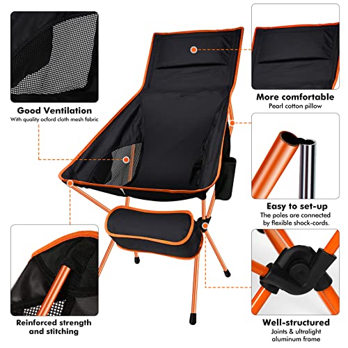 SOPPY 2 Pack Folding Camping Chair Upgraded High Back, Portable Lightweight Folding Camp Chairs with Sided Pocket & Carry Bag for Outdoor Backpacking, Hiking, Travelling, Picnic,Fishing - Orange