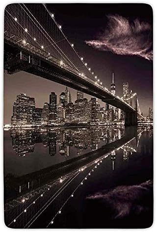 Bathroom Bath Rug Kitchen Floor Mat Carpet,Landscape,Brooklyn Bridge Sunset NYC View Skyline Tourist Attraction Modern City Decorative,Pale Brown Dried Rose,Flannel Microfiber Non-slip Soft Absorbent