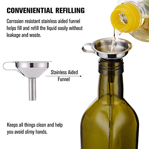 PrettyCare Olive Oil and Vinegar Dispenser Bottles 17oz (Dark Cruet with Extra Lids, Labels and Funnel) 500ml Drip-Free Bottle with Stainless Steel Spout, Flip Top Pourer Set (Dark Green)