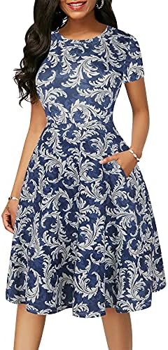 oxiuly Women Casual Dress Round Neck Soft Cotton Floral A-Line