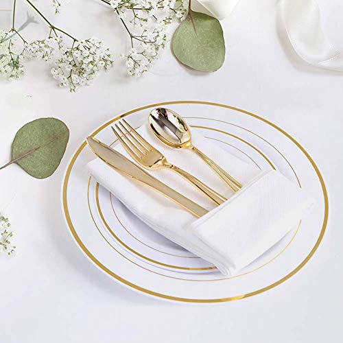 Plastic Dinnerware Set – TrueLook Tableware! 24 Disposable Plates, Cups, Flutes, Napkins, Napkin Rings and Silverware - White and Gold Plastic Plates for Parties, Wedding, Fancy Dinner Occasions - Thumbnail 6