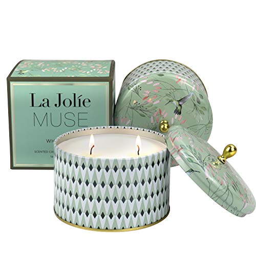 LA JOLIE MUSE Scented Candles Gift Set of 2- Large Tin 14.25Oz White Tea Essential Oil Aromatherapy Candles，2 Wicks Natural Soy Wax Candle Gift