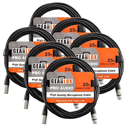 Gearlux XLR Microphone Cable, 25 Foot - 6 Pack